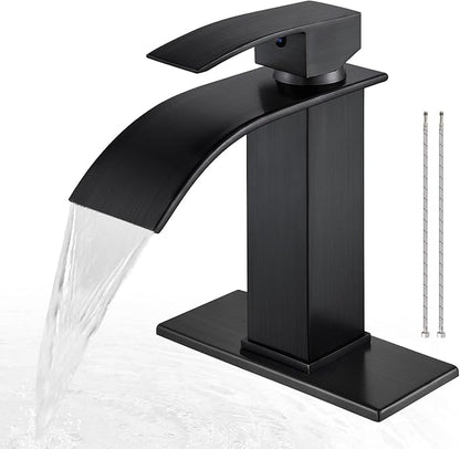Airuida Oil Rubbed Bronze Single Handle Bathroom Sink Faucet Single Hole Waterfall Bathroom Faucet 1 or 3 Hole Basin Mixer Tap, Rv Lavatory Vanity Faucet with Deck Plate and Supply Lines