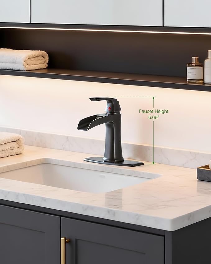 Fapully Bathroom Faucets Matte Black, Modern Waterfall Bathroom Sink Faucet with Single Handle for 1 or 3 Holes, Vanity Faucet with Deck Plate and Drain