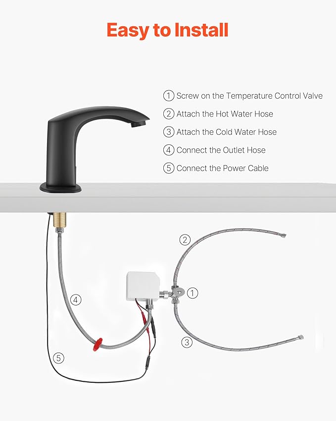 VEVOR Touchless Bathroom Sink Faucet, Automatic Motion Sensor Restroom Toilet Faucet with Hole Cover Plate, Battery Operated,Adjustable Temperature for 9/16 in Pipe Commercial Lavatory,Matte Black