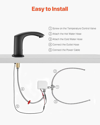 VEVOR Touchless Bathroom Sink Faucet, Automatic Motion Sensor Restroom Toilet Faucet with Hole Cover Plate, Battery Operated,Adjustable Temperature for 9/16 in Pipe Commercial Lavatory,Matte Black