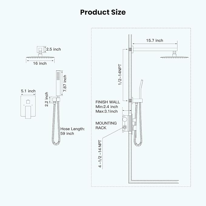gotonovo Shower Faucet Set with Handheld Spray Brushed Gold,16'' Head | SUS304 Rainfall Shower Head and Handle Set System Fixture,Pressure Balance Valve Trim Kit,Single Handle,Wall Mount,All Metal