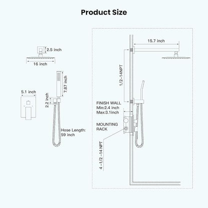 gotonovo Shower Faucet Set with Handheld Spray Brushed Gold,16'' Head | SUS304 Rainfall Shower Head and Handle Set System Fixture,Pressure Balance Valve Trim Kit,Single Handle,Wall Mount,All Metal