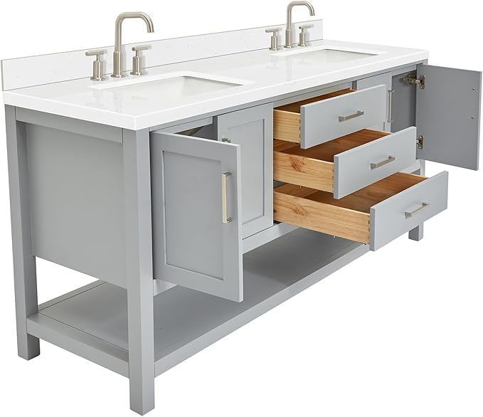 DKB Olivia 72" Grey Double Bathroom Vanity, 1.5" Edge Carrara Quartz Countertop, Rectangular Undermount Sinks, 4 Soft Closing Doors, 3 Full Extension Dovetail Drawers, Open Storage Shelf