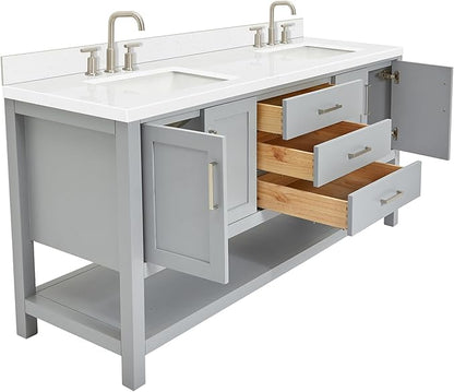 ARIEL Magnolia 72-inch Bathroom Vanity with Sink,Solid Wood, 1.5-inch Carrara White Quartz Countertop & Backsplash, Double Rectangular Porcelain Sink, 4 Soft Closing Doors, 3 Dovetail Drawers, Grey