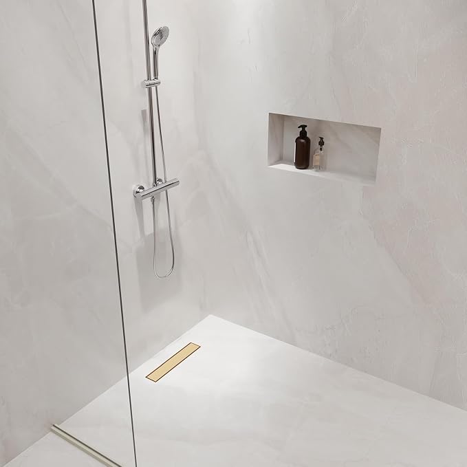 DLONE® Linear Shower Drain - 18 Inch Brushed Gold, with Tile Insert Panel | AISI 304 Stainless Steel Linear Drain, Rectangle Shower Floor Drain, with Adjustable Feet, Fits Bathroom & Balcony etc