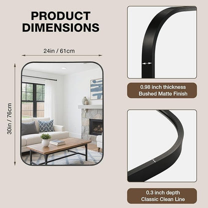 24"x30" Matte Black Rectangle Vanity Bathroom Mirror, Set of 2 | Aluminum Alloy Frame, Clear Reflection, Rust-Resistant, Vertical or Horizontal, Wall Mount, Bedroom and Entryway
