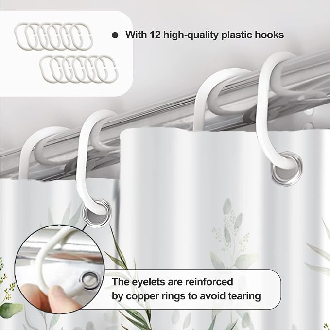 AWERT Shower Curtain Plants for Bathroom,Waterproof Quick-Drying Green Leaves Shower Curtain Set with Hooks 60x72 Inch