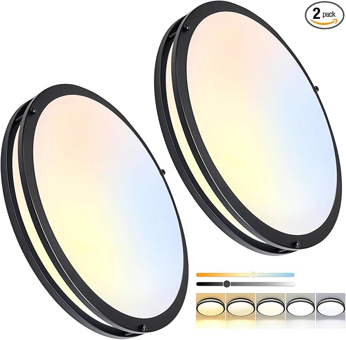 16inch LED Flush Mount Ceiling Light Fixture Dimmable Matte Black, Easy Install LED Ceiling Lamp Fixture Without Flicker, Super Bright 48W 4800LM 5CCT Warm to White Light 3000K to 6000K 2-Pack