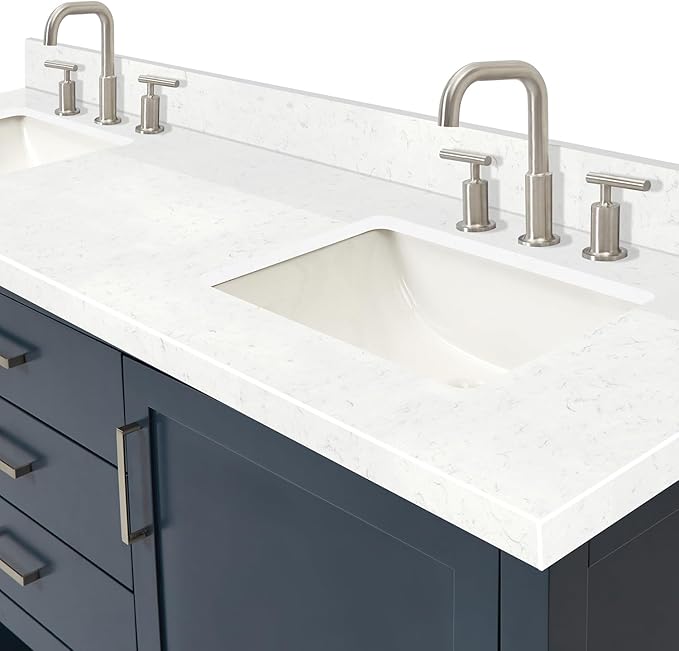ARIEL Bayhill 72-inch Bathroom Vanity with Sink,Solid Wood, 1.5-inch Carrara White Quartz Countertop, Double Rectangular Porcelain Sink, 2 Soft Closing Doors, 3 Dovetail Drawers, Midnight Blue