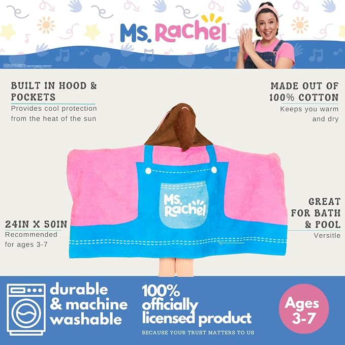 Ms. Rachel Kids Super Soft Bath/Pool/Beach Soft Cotton Terry Hooded Towel Wrap, 24 in x 50 in, (Officially Licensed Product) By Franco