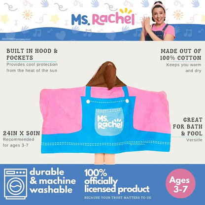 Ms. Rachel Kids Super Soft Bath/Pool/Beach Soft Cotton Terry Hooded Towel Wrap, 24 in x 50 in, (Officially Licensed Product) By Franco