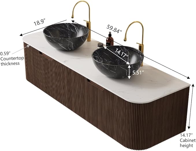 60'' Bathroom Vanities Cabinet with Sink, Wall Mounted Floating Cabinet W/Curved Edges Stripes, Oak Plywood, Soft-Close System with 2 Drawer & 2 Black Bowl Ceramic Basin - Kiel, Dark Walnut/R