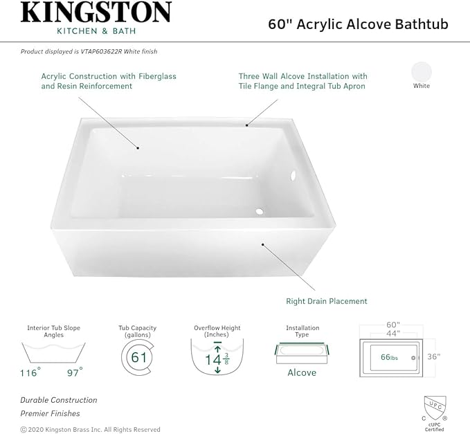 Kingston Brass Aqua Eden VTAP603622R 60-Inch Acrylic Alcove Tub with Right Hand Drain, White