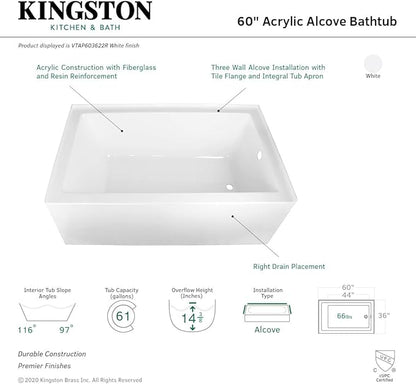 Kingston Brass Aqua Eden VTAP603622R 60-Inch Acrylic Alcove Tub with Right Hand Drain, White