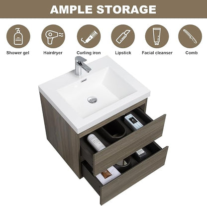 Pre-Assembled 24'' Floating Bathroom Vanity with Sink, Ash Grey | Wall-Mounted Bathroom Vanity with Solid Surface Top Basin, 2 Soft Close Drawers, Easy to Install & Clean