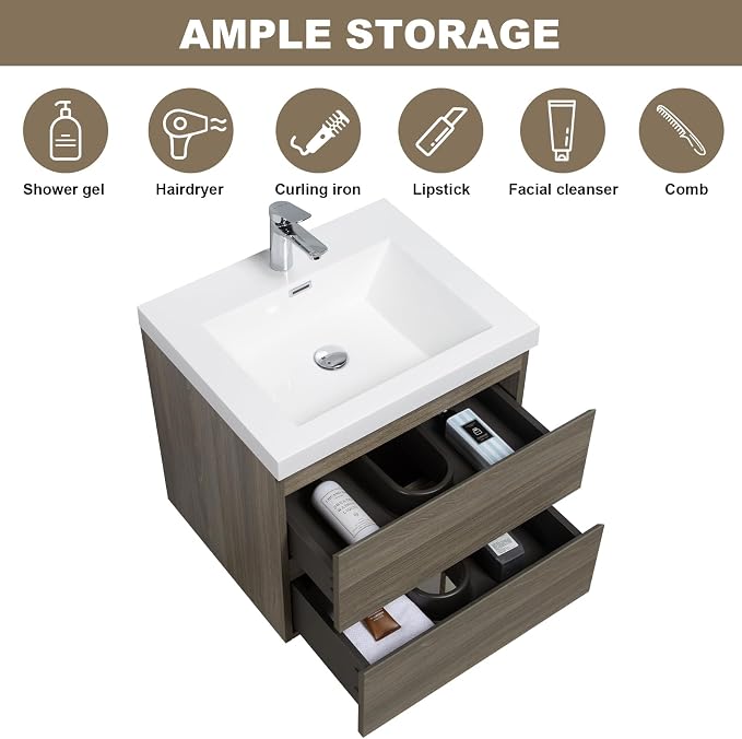 Floating Vanity Bathroom, 24 Inch Bathroom Vanity with Sink, Wall Mounted Single Sink Bathroom Vanity, Soft Closed 2 Drawers, Integrated Sink (Ash Grey)