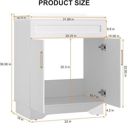 Bathroom Vanity with Ceramic Sink, Bathroom Vanity Cabinet with 2 Doors, 32 Inches Wooden Cabinet with Sink, White