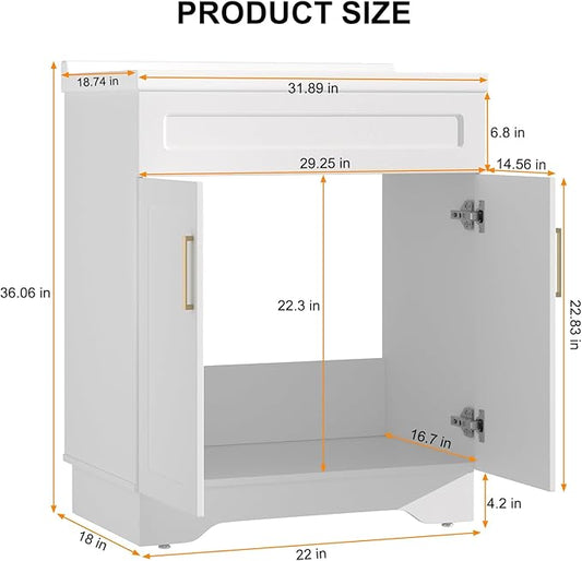 Bathroom Vanity with Ceramic Sink, Bathroom Vanity Cabinet with 2 Doors, 32 Inches Wooden Cabinet with Sink, White