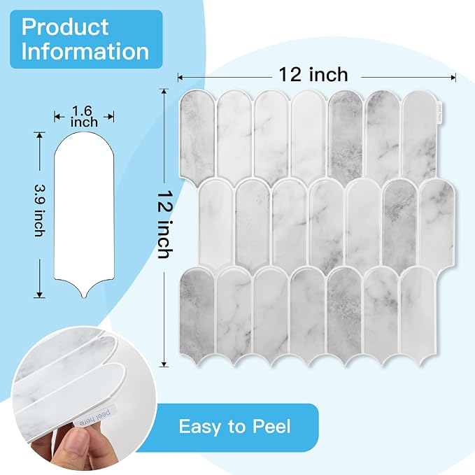 Art3d Arrowhead Design Tile Peel and Stick Backsplash, 10-Pack, Gray Marble | 12 x 12 Inch, Thickened Design, Heavy-Duty, Stain-Resistant, Durable, for Kitchen, Living Areas, Ideal for New Home Buyers