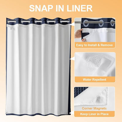 River Dream Cotton Blend No Hook Shower Curtain with Liner, Navy, 71x86 | Extra Long, with Snap in Liner, Heavyweight Waffle Fabric, Hotel Grade for Bathroom, Water Repellent, Corner Magnets