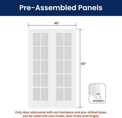 SMARTSTANDARD 48" x 80" Clear Glass French Interior Solid Core Door Slab | 10-Lite Glass Pantry Door for Bathroom Laundry Pocket, Pre-Assembled Panel without Hardware, White Primed