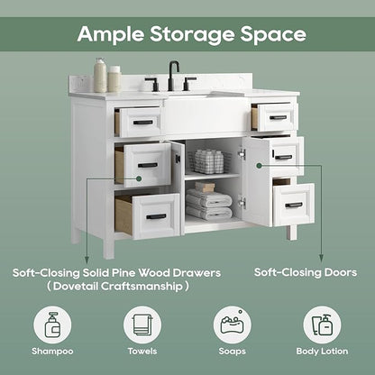 48 Inch White Bathroom Vanity with Sink, Farmhouse Bathroom Vanities Cabinet with Soft Closing Doors & Dovetail Drawers, Vanity for Bathroom with Apron Farm Sink, Solid Wooden Frame