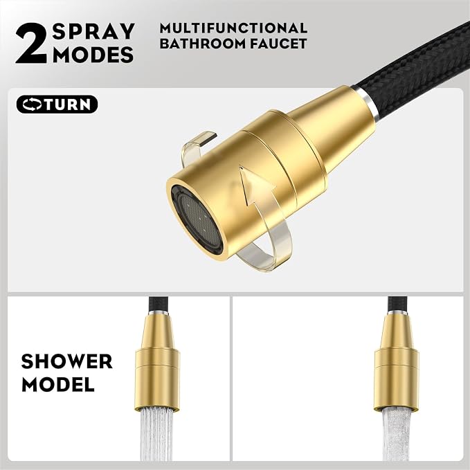Pull Down Sprayer Brushed Gold 8 Inch Bathroom Sink Faucet, 2 Handles 3 Hole Widespread Pull Out Bathroom Faucet，with Pop Up Drain and Water Supply Line,BF04022-K01-BG