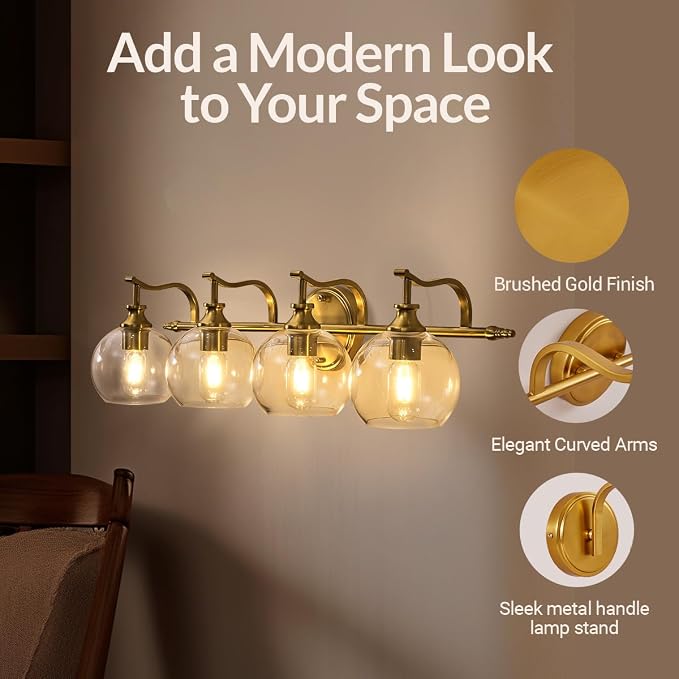 Brass Vanity Light, Gold Bathroom Light Fixtures 4 Lights, 27.8 Inch Vintage Bathroom Sconces, Brushed Brass Vanity Lighting with Globe Clear Glass Shade, E26 Base (Bulbs Not Included)