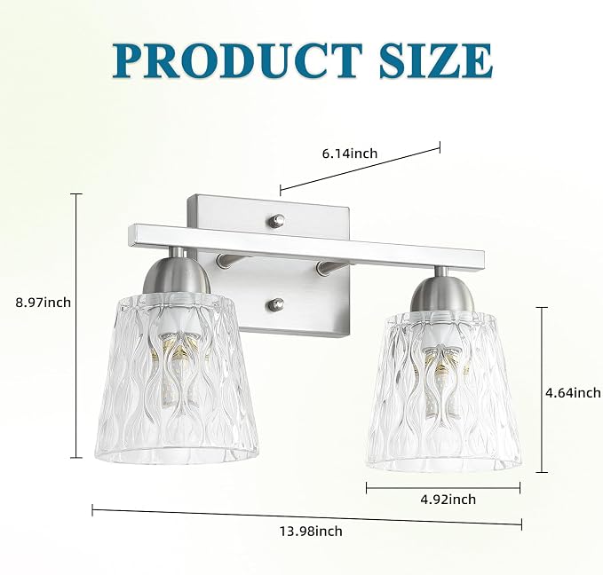 Mecgirn Stainless Steel Bathroom Vanity Light Over Mirror, 2 Light Brushed Nickel Bathroom Light Fixtures with Textured Glass Shades, Modern Vanity Lighting Wall Mount