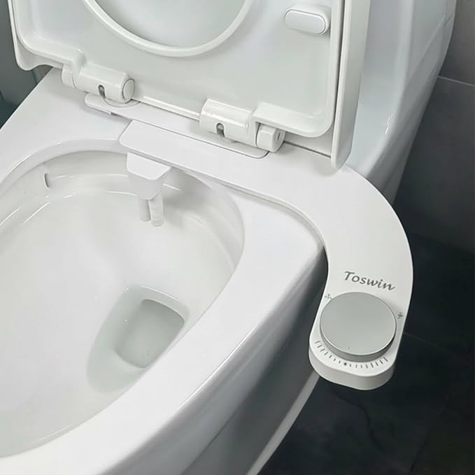 Left Handed Bidet Ultra Slim Left Hand Bidet Attachment with Dual Front & Rear Nozzles and Adjustable Water Pressure - Control Panel on Left Side-Silver Knob