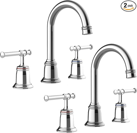 Classical 8 inch Bathroom Faucet, Bathroom faucets for Sink 3 Holes, Widespread Brushed Nickel Bathroom Faucet with Pop Up Drain and cUPC Lead-Free Hose (Chrome 2 Packs)