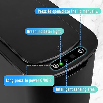 Cesun Automatic Small Bathroom Trash Can with Lid, 2.6 Gallon, Black | Motion Sensor, Plastic, Touchless, Odor Control, Smart Garbage Can, Battery Operated, Manual Button, for Office/RV/Bedroom
