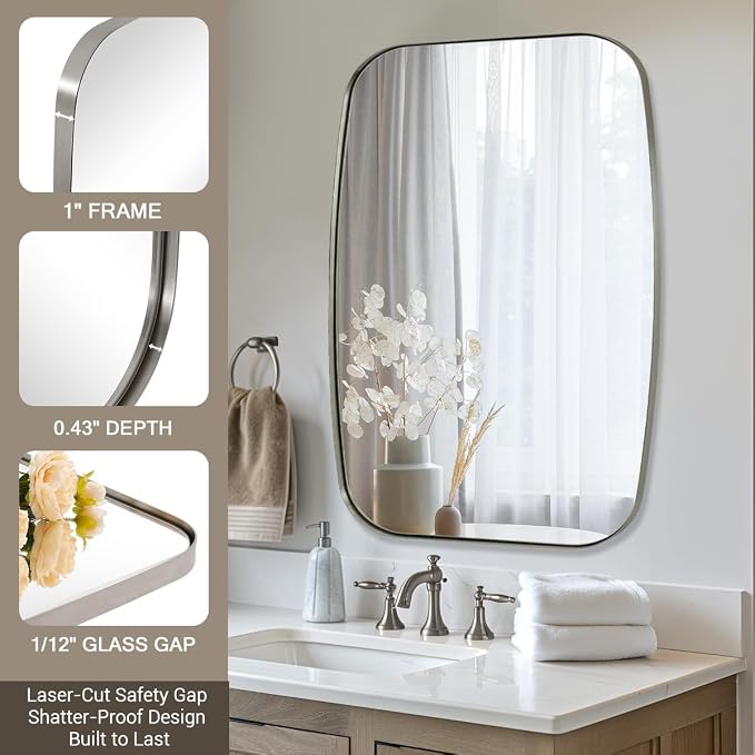 Brushed Nickel Oblong Mirror, 36x40 Inch Brushed Nickel Oval Mirror for Bathroom with Stainless Steel Metal Frame, Wall Mouned for Bathroom, Living Room, Entryway