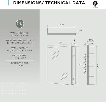 Bathroom Medicine Cabinet, Aluminum, Recessed/Surface Mount, 20" x 24", Right/Left Hinged, Mirrored Interior