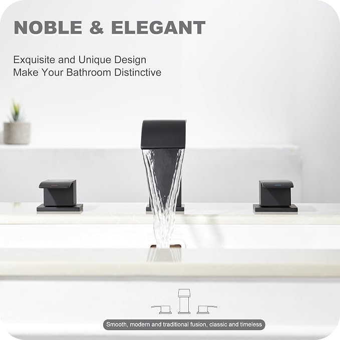8 Inch Waterfall Bathroom Faucets - 3 Hole Widespread Bathroom Faucet with Pop-up Drain, Bathroom Sink Faucet, Modern Vanity Sink faucets with Supply Lines, Matte Black, JJL-3JT-PB-B-DXS-X