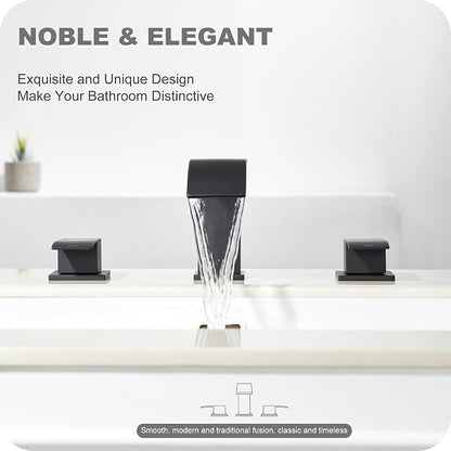 8 Inch Waterfall Bathroom Faucets - 3 Hole Widespread Bathroom Faucet with Pop-up Drain, Bathroom Sink Faucet, Modern Vanity Sink faucets with Supply Lines, Matte Black, JJL-3JT-PB-B-DXS-X