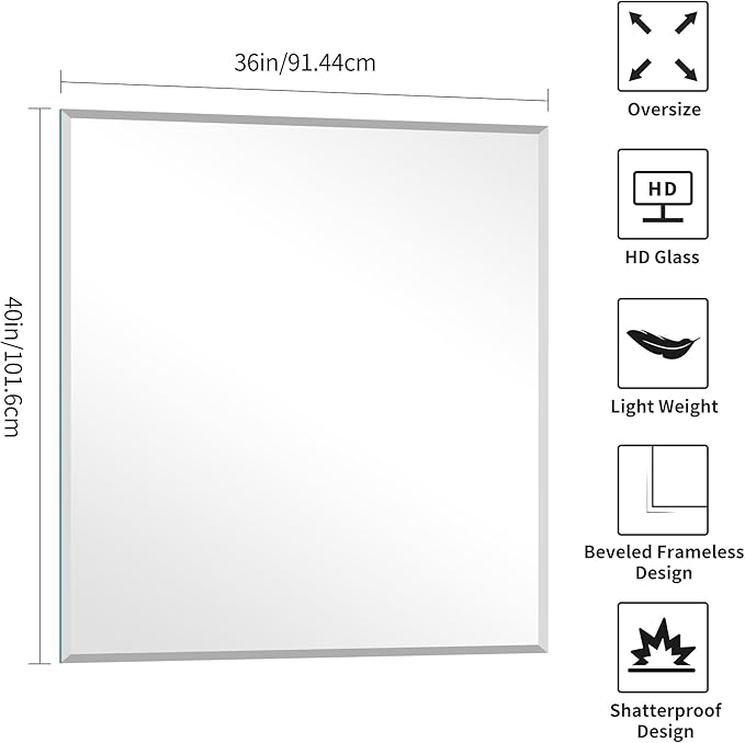KOCUUY Beveled Mirror, 40x36 Inch Large Frameless Bathroom Mirror for Over Sink, Upgraded Shatterproof Beveled Unframed Design Mirror for Bathroom, Bedroom, Hang Horizontal/Vertical
