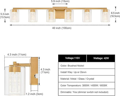 SineRise 6-Light Gold Vanity Light with 3 Color Modes (3000K/4000K/6000K), Eye Protection LED Bathroom Light Fixture, Dimmable Modern Wall Light Over Mirror with Clear Glass Shade