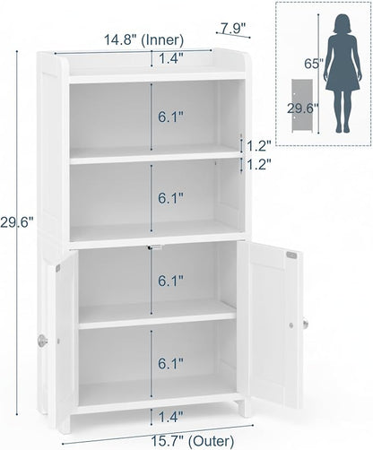 Small Bathroom Storage Cabinet, 30" Tall Freestanding Corner Floor Cabinet with Opposite Doors & 5 Shelves (2 Adjustable), Narrow Toilet Paper Holder Organizer for Small Spaces, White