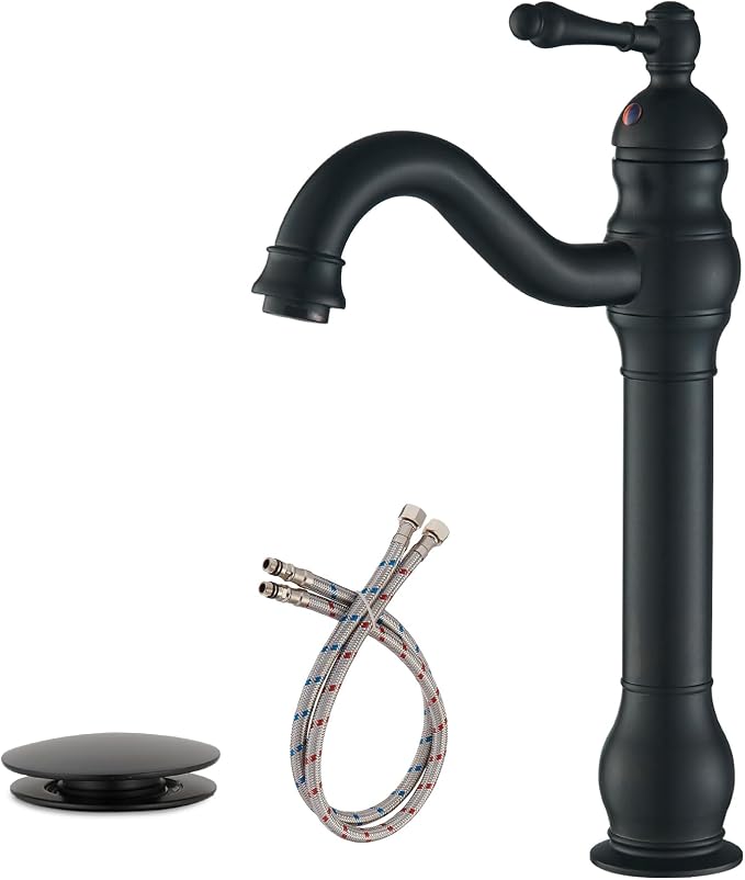 Bathroom Vessel Sink Faucet Waterfall Single Handle Single Hole | Matte Black,360° Swivel Deck Mount Lavatory,Pop Up Drain Without Overflow,Easy to Clean,Stable Installation,Minimalist Design