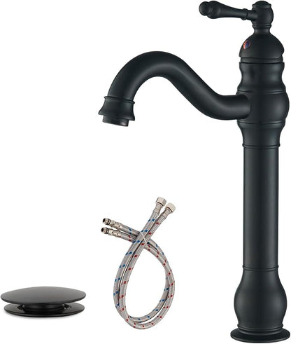 Bathroom Vessel Sink Faucet Waterfall Single Handle Single Hole | Matte Black,360° Swivel Deck Mount Lavatory,Pop Up Drain Without Overflow,Easy to Clean,Stable Installation,Minimalist Design