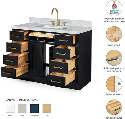 Isabella 48-Inch Bathroom Vanity with Sink — Black Single Sink Bathroom Vanity, 1.5" Edge Italian Carrara Marble Top, Solid Wood, 2 Soft-Close Doors, 8 Dovetail Drawers + Tilt Drawer