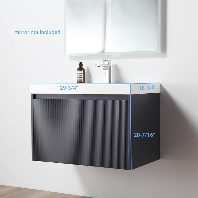 Blossom 30 Inch Bathroom Vanity with Sink | All Wood Wall Mounted Floating Bathroom Vanity Cabinet with Acrylic Sink, Soft-Close Drawer, Modern Minimalist Design Vanities (Night Blue Finish)