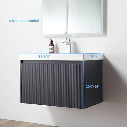 Blossom 30 Inch Bathroom Vanity with Sink | All Wood Wall Mounted Floating Bathroom Vanity Cabinet with Acrylic Sink, Soft-Close Drawer, Modern Minimalist Design Vanities (Night Blue Finish)