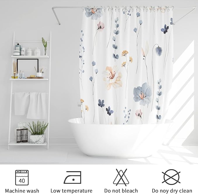 Blue Beige Watercolor Floral Fabric Shower Curtain, 54x78 | Waterproof Fabric, Modern Minimalist Floral Print, Machine Washable, Rustproof Grommets, for Bathroom Home, Stall