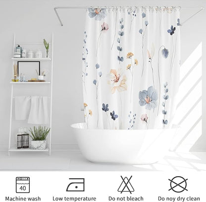 Blue Beige Watercolor Floral Fabric Shower Curtain, 72x84 | Waterproof Fabric, Modern Minimalist Floral Print, Machine Washable, Rustproof Grommets, for Bathroom Home, Extra Long