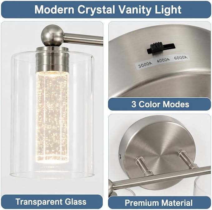 Brushed Nickel Vanity Light with 3 Color Modes, Eye Protection LED Bathroom Light Fixtures, Dimmable Modern Wall Light Over Mirror with Clear Glass Shade (Brushed Nickel, 4-Light)