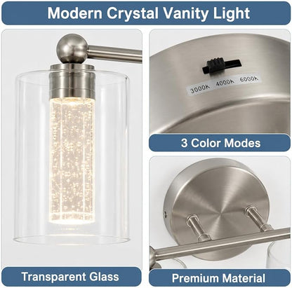 Brushed Nickel Vanity Light with 3 Color Modes, Eye Protection LED Bathroom Light Fixtures, Dimmable Modern Wall Light Over Mirror with Clear Glass Shade (Brushed Nickel, 4-Light)