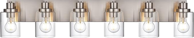 6 Light Vanity Light Brushed Nickel Bathroom Lighting Fixtures Over Mirror, Modern Bathroom Light with Clear Glass Shade, Farmhouse Vanity Lights