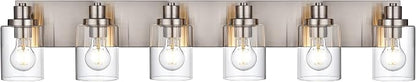 6 Light Vanity Light Brushed Nickel Bathroom Lighting Fixtures Over Mirror, Modern Bathroom Light with Clear Glass Shade, Farmhouse Vanity Lights
